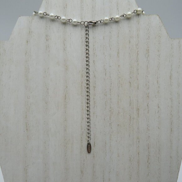 VCLM Necklace Heart Pendant 17" Silver Tone Imitation Pearl Station Rhinestones - Picture 5 of 8